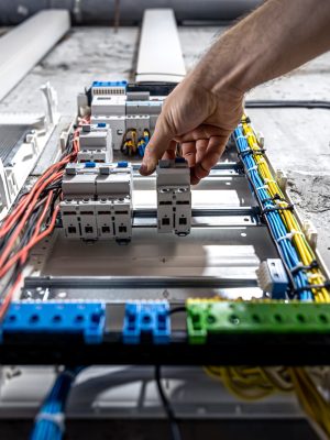 A male electrician works in a switchboard with an electrical connecting cable.